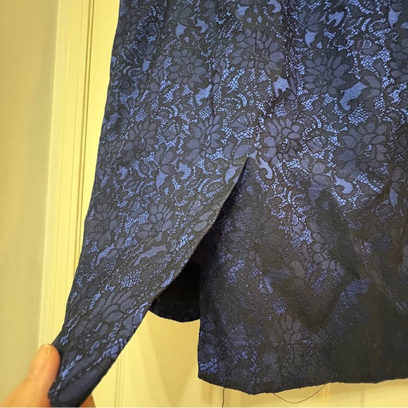 Adrianna Papell Navy Blue Lace Sheath Dress | V-Neck Ruched Sz 10 Wedding - Picture 11 of 13